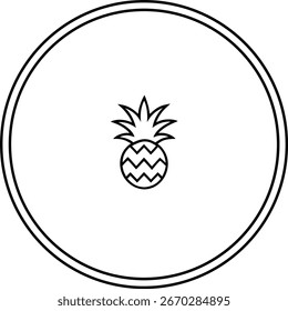 Uma simples ilustração em preto e branco de uma linha de abacaxi centrada dentro de um quadro de círculo com duas linhas.