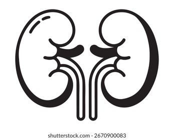 Simple, black and white line art illustration of a pair of kidneys.