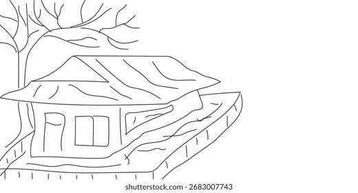 Simple, blanco y negro ilustración de arte de línea de una casa de madera tradicional, rústica o cabaña al lado de un árbol desnudo.