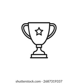 Un simple icono de arte de línea en blanco y negro de un trofeo con un emblema de estrella, aislado en un fondo blanco. Este símbolo representa el logro, la victoria y el éxito.
