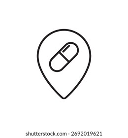 Ein einfaches, schwarz-weißes Strichsymbol, das eine Ortsmarkierung mit einem pharmazeutischen Kapselsymbol im Inneren darstellt und ein medizinisches Ziel oder eine medizinische Dienstleistung angibt.