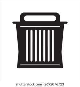 Icono simple del arte de la línea en blanco y negro de una cesta de lavandería con un mango, útil para representar las tareas domésticas
