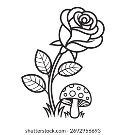 Simple black and white line art rose flower with mushroom design