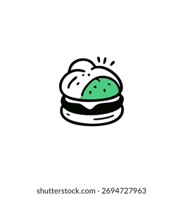 Simples ilustração em preto e branco de um hambúrguer com um recheio verde