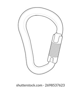 A simple black and white line art vector illustration of a locking carabiner. Isolated outline icon graphic of safety climbing equipment.