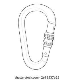 Uma ilustração vetorial simples em preto-e-branco de um mosquetão com trava. Ícone isolado do contorno gráfico do equipamento de escalada de segurança.