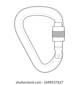 Una simple Ilustración vectorial de arte de línea en blanco y negro de un mosquetón de bloqueo. Icono de contorno aislado gráfico de equipo de escalada de seguridad.