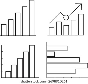 Simple black and white line art icons depicting various types of bar charts and graphs, illustrating data visualization, growth, and statistical analysis concepts.