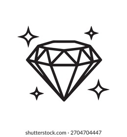 Eine einfache Schwarz-Weiß-Illustration, die eine facettierte Diamantform darstellt, umgeben von vier kleinen Sternen, die auf Glanz und Brillanz hinweisen, perfekt für Luxus- oder Wertkonzepte.