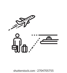 Un simple icono de arte de línea en blanco y negro representa opciones de viaje y transporte que incluyen un avión despegando, una persona con equipaje y un barco o bote.