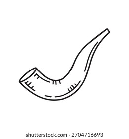 A simple black and white line art illustration depicting a traditional shofar, a ram's horn used in religious ceremonies, perfect for holiday themes.