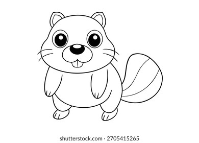 A simple black and white line art drawing of a cute cartoon squirrel. Ideal for children's coloring books, educational resources, and playful designs.