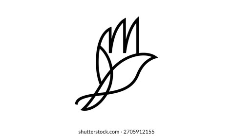 A simple black and white line art logo of a dove in flight, symbolizing peace and freedom.