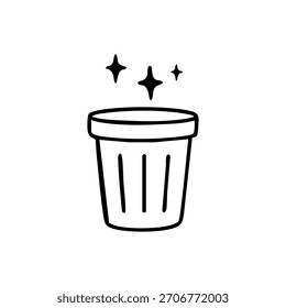 Un simple dibujo de línea en blanco y negro de un bote de basura con estrellas.