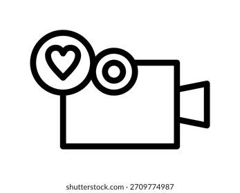 Ein einfaches Schwarz-Weiß-Linien-Symbol einer Videokamera mit einem Herzsymbol im Objektiv. Liebe und Hochzeit einzeilige Symbol UI-Design.