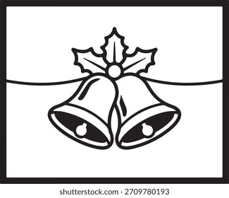 A simple, black and white line art illustration featuring two classic christmas jingle bells tied together with a sprig of holly, perfect for holiday design projects and seasonal themes.
