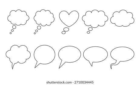 Simple arte de línea en blanco y negro que representa una variedad de burbujas de discurso y pensamiento.