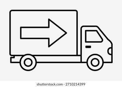 Icono de arte de línea blanco y negro simple de un camión de entrega con una Grande flecha hacia la derecha en su caja de carga, que representa el envío o la logística