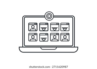 Video Icono simple de arte de línea en blanco y negro que representa una computadora portátil que muestra una vista de cuadrícula de múltiples participantes en una conferencia o reunión en línea, con un Pequeño ícono de cámara web sobre la pantalla. Perfecto
