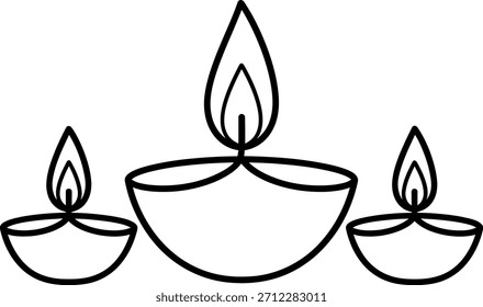 Simple black and white line art depicting three lit traditional Indian oil lamps, commonly used in festivals.
