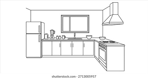 Uma ilustração simples em preto e branco da arte da linha de um layout funcional do projeto interior da cozinha Vetor, ilustração