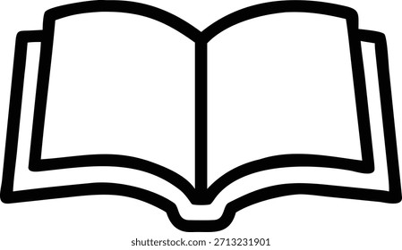 Una simple ilustración de línea blanca y negra de un libro abierto. El icono representa el libro con dos páginas en blanco y un encuadernado visible en la parte inferior. El diseño minimalista es ideal para simbolizar la educación, el aprendizaje, la lectura, el estudio o el conocimiento.