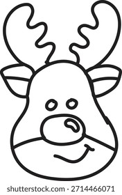 Simple black and white line art illustration of a cartoon reindeer head, perfect for a coloring page or holiday craft.