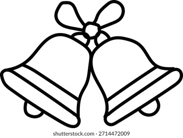 Simple ilustración de línea en blanco y negro de dos campanas festivas atadas con un arco, adecuado para colorear páginas o iconos.