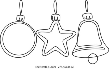 Simple ilustración de arte de línea en blanco y negro de tres adornos de Navidades: una chuchería redonda, una estrella y una campana, colgando de cuerdas.