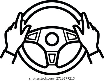Um simples ícone de arte de linha preta e branca retrata duas mãos segurando um volante de carro. O volante tem um centro circular e raios.