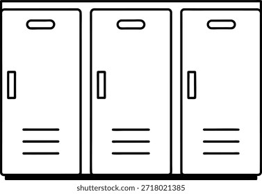 Simple black and white line art illustration of a row of school lockers. Ideal for educational materials, back to school campaigns, website graphics, or social media content. Versatile for various design projects.