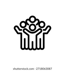 Simple black and white line art of a group of figures raising their arms together.