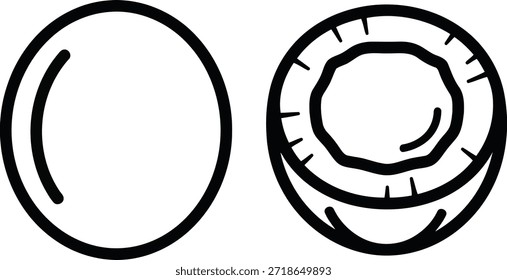 Una simple ilustración de línea blanca y negra muestra un coco entero junto a un coco cortado a la mitad que revela su carne interna y su cáscara fibrosa.