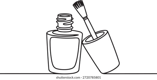 Una simple ilustración de línea en blanco y negro de una botella de esmalte de uñas abierta con el pincel apoyado contra ella.
