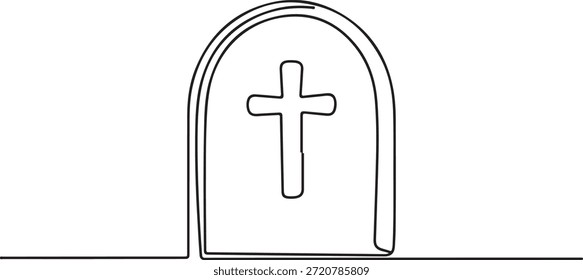 Una simple ilustración de línea blanca y negra de una lápida arqueada con una cruz grabada en ella.