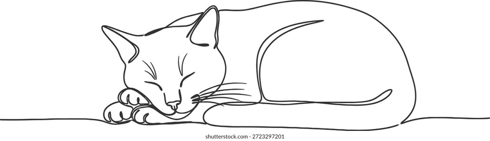 Eine schlichte, schwarz-weiße Illustration einer Katze, die friedlich auf dem Boden mit geschlossenen Augen schläft und eine ruhige und ruhige Atmosphäre zeigt.