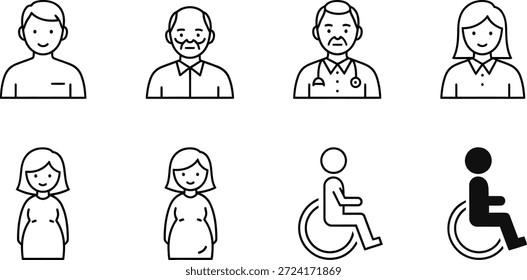 Simple black and white line art icons depicting a diverse group of people, including those with disabilities.
