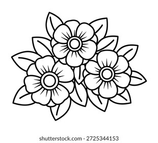 Uma simples ilustração em preto e branco de três flores florescentes cercadas por folhas, criando um aglomerado floral.