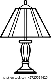 Una simple ilustración de línea en blanco y negro de una lámpara de mesa clásica con una base ornamentada y una amplia sombra