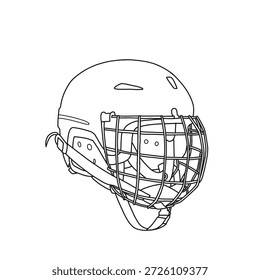 Uma simples ilustração em preto e branco de um capacete de hóquei. O desenho apresenta o capacete protetor com uma máscara completa da gaiola de arame e cinta do queixo, isolado em um fundo branco.