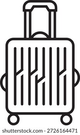 Ilustração simples em preto e branco de uma mala rolante, ideal para temas de aviação, férias e viagens