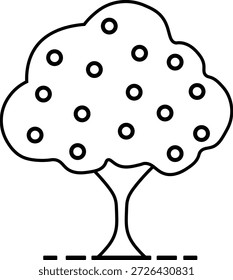 Simples ilustração em preto e branco de uma árvore frutífera com comestíveis redondos