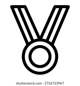 Ilustración vectorial de arte simple en blanco y negro que representa una medalla o premio colgante con un colgante circular y una cinta en forma de V, que simboliza la victoria, el logro, el éxito y la alta calidad.