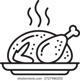 Uma simples ilustração em preto e branco de uma galinha assada em uma bandeja, com vapor saindo dela, indicando que está quente e recém-cozida.