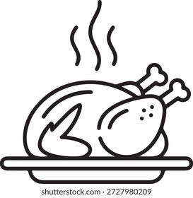 Uma simples ilustração em preto e branco de uma galinha torrada inteira em uma bandeja, com vapor saindo dela.