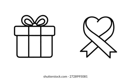 Uma ilustração simples em preto e branco com dois ícones distintos lado a lado. À esquerda está uma caixa de presente quadrada, completa com uma tampa e um arco bem amarrado no topo, sugerindo celebração ou um presente. À direita está uma fita em forma de coração, um símbolo amplamente reconhecido de amor, apoio e campanhas de conscientização para várias causas. O estilo minimalista torna esses ícones versáteis para uso em design gráfico, desenvolvimento web ou materiais educacionais relacionados à doação, caridade ou conscientização sobre saúde.