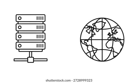 Uma ilustração simples em preto e branco mostrando dois ícones distintos lado a lado. À esquerda está uma pilha de quatro unidades de servidor, montadas em um suporte com conectividade de rede simbolizada por barras horizontais. À direita está um globo estilizado, representando continentes e linhas de longitude, sugerindo alcance mundial. A imagem geral transmite conceitos de armazenamento de dados, rede e operações ou comunicação globais.