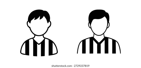 Uma ilustração artística simples em preto e branco mostrando duas figuras masculinas idênticas representando um árbitro ou árbitro em uma camisa listrada verticalmente, perfeita para gráficos esportivos.