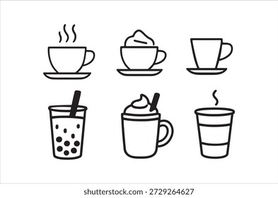 Simple black and white line art illustrations of various hot and cold beverages are displayed.