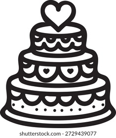 Simple black and white line art illustration of a three-tiered cake with a heart topper, perfect for wedding invitations or coloring pages.